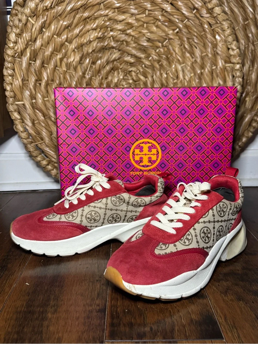 Tory Burch T Monogram Good Luck Trainers Hazel + Tory Red Low Top (Size 8.5)